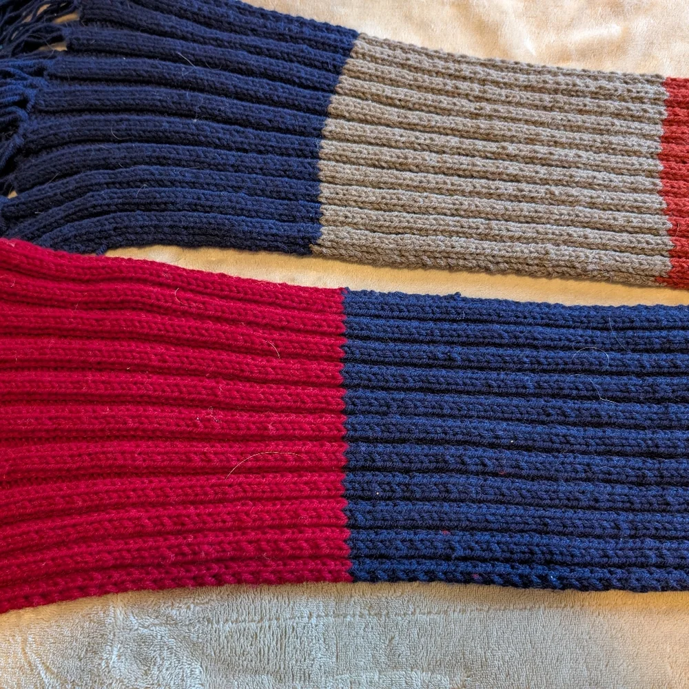 Hand Knit Ribbed Dr. Who Style Color Block Scarf With Fringe